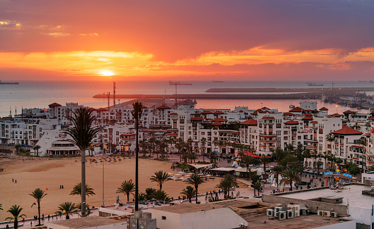 Agadir: View of Marina in Agadir city at sunset, Morocco