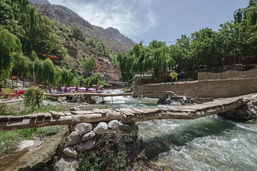 View of Ourika River with mountains in background